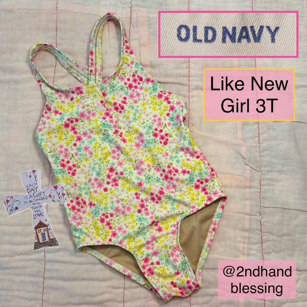 Like New Old Navy Toddler One Piece Swimsuit Girl 3T, Floral Pink, Green, Yellow